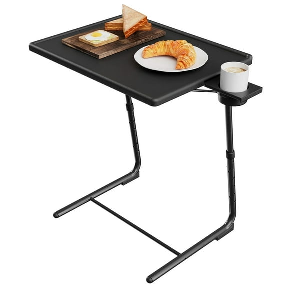 CHITOOMA TV Tray Table with Cup Holders, Portable C-Shaped Side Dinner Tray Table, Adjustable 6 Heights & 3 Tilt Angle for Living Room, Bedroom, Black
