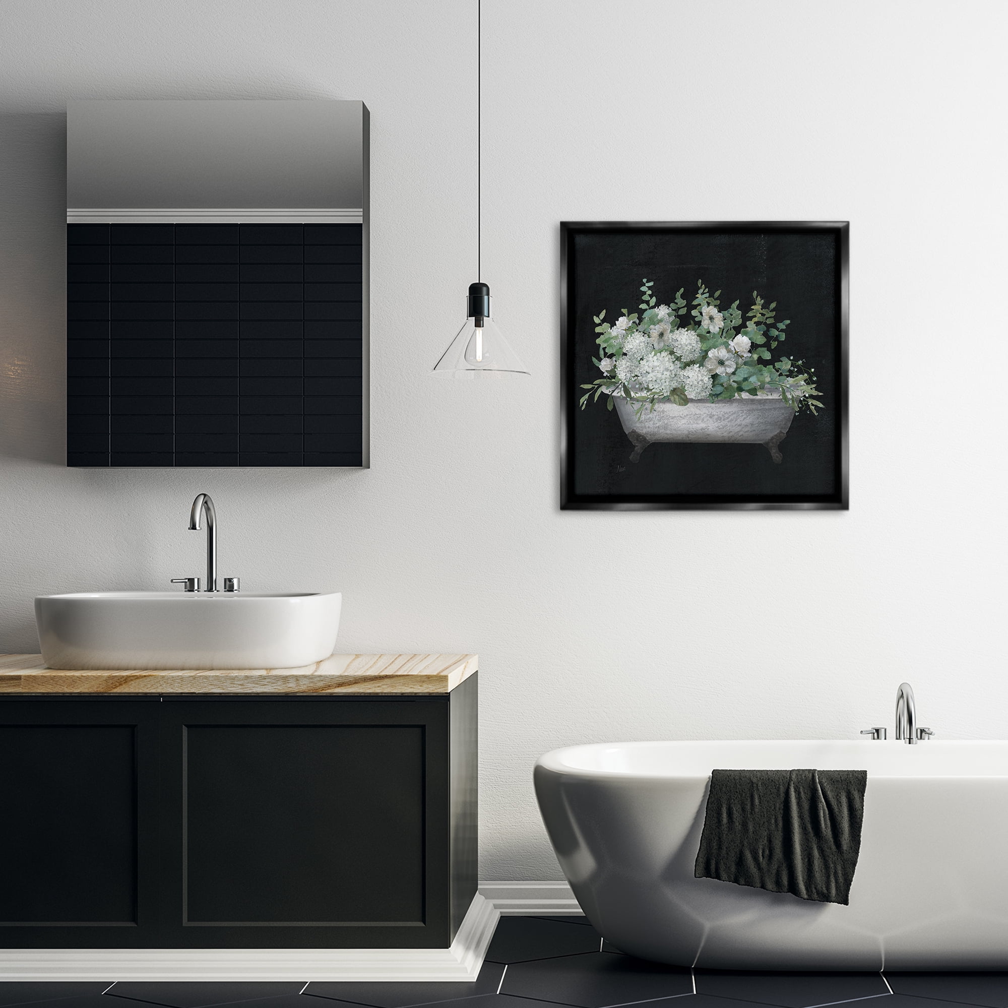 Stupell Industries Floral Bath on Black Typography Painting Black Floater Framed Canvas Art Print Wall Art, 25 x 25