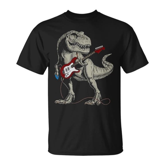Guitar Dinosaur Playing Music Graphic Cotton Tee Unisex Adult Casual Music Lover Comfortable T-Shirt for Everyday Wear, Size XL, Color Black