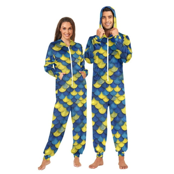 joogoo Scale Blue and Yellow Unisex Adults Onesies Pajamas Jumpsuits L