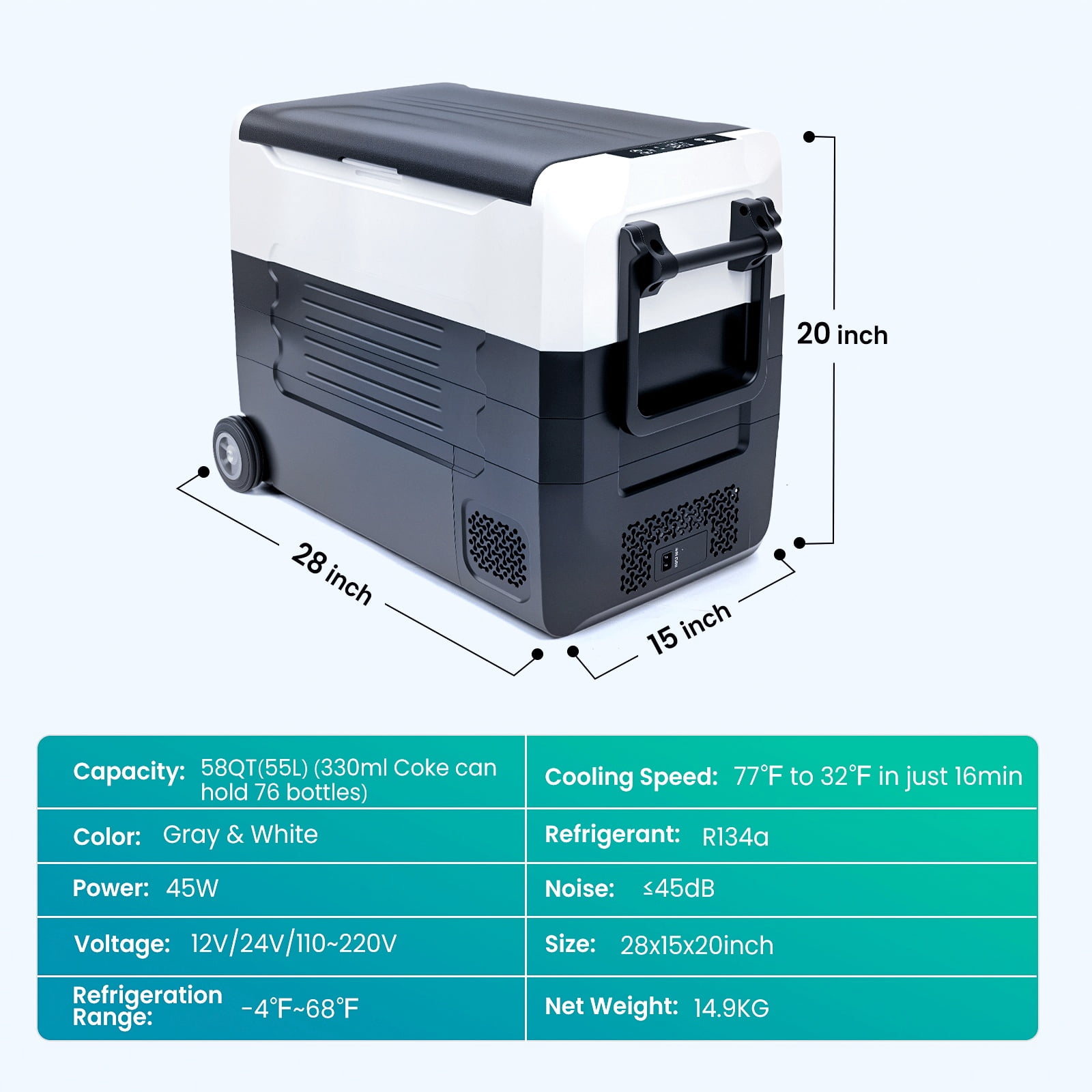 WheelX Car Refrigerator 58Qt, 12v Portable Freezer with Dual Zone, 12/24V DC & 100-240V AC Electric Cooler with -4℉-68℉ Cooling Range, App Control for Car Truck Vehicle RV Boat Outdoor & Home Use