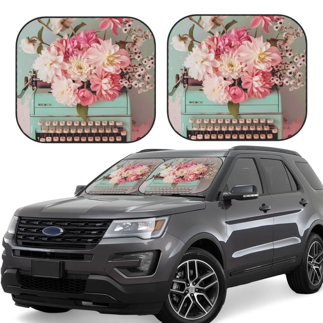 Fotbe Vintage Typewriter Floral 2-Piece Car Windshield Sun Shade | Sun Blocker for Car Windshield | Foldable Automotive Interior Accessories for Sun Protection-Small