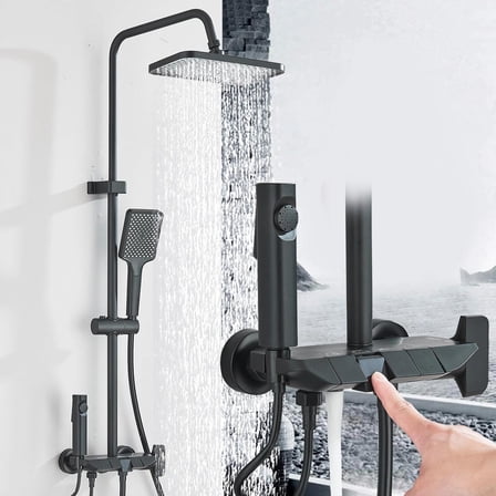 Matte Black Exposed Shower System Set Rainfall Shower Faucet Fixtures Wall Mount