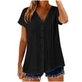 thumbnail image 4 of Felirenzacia Women's V-Neck Button Down Pleated Blouse Casual Short Sleeve Loose Tunic Top Black,2XL, 4 of 8