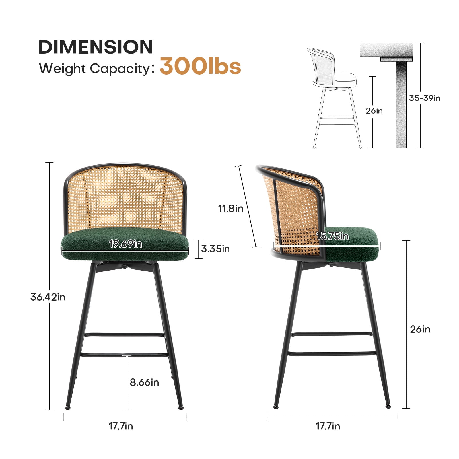 ANMINY Rattan Swivel Bar Stools Set of 3, 26" Counter Height with Rattan Back and Metal Legs, Mid-Century Modern Armless Boucle Fabric Barstools Seat, Upholstered Counter Stools for Kitchen Island