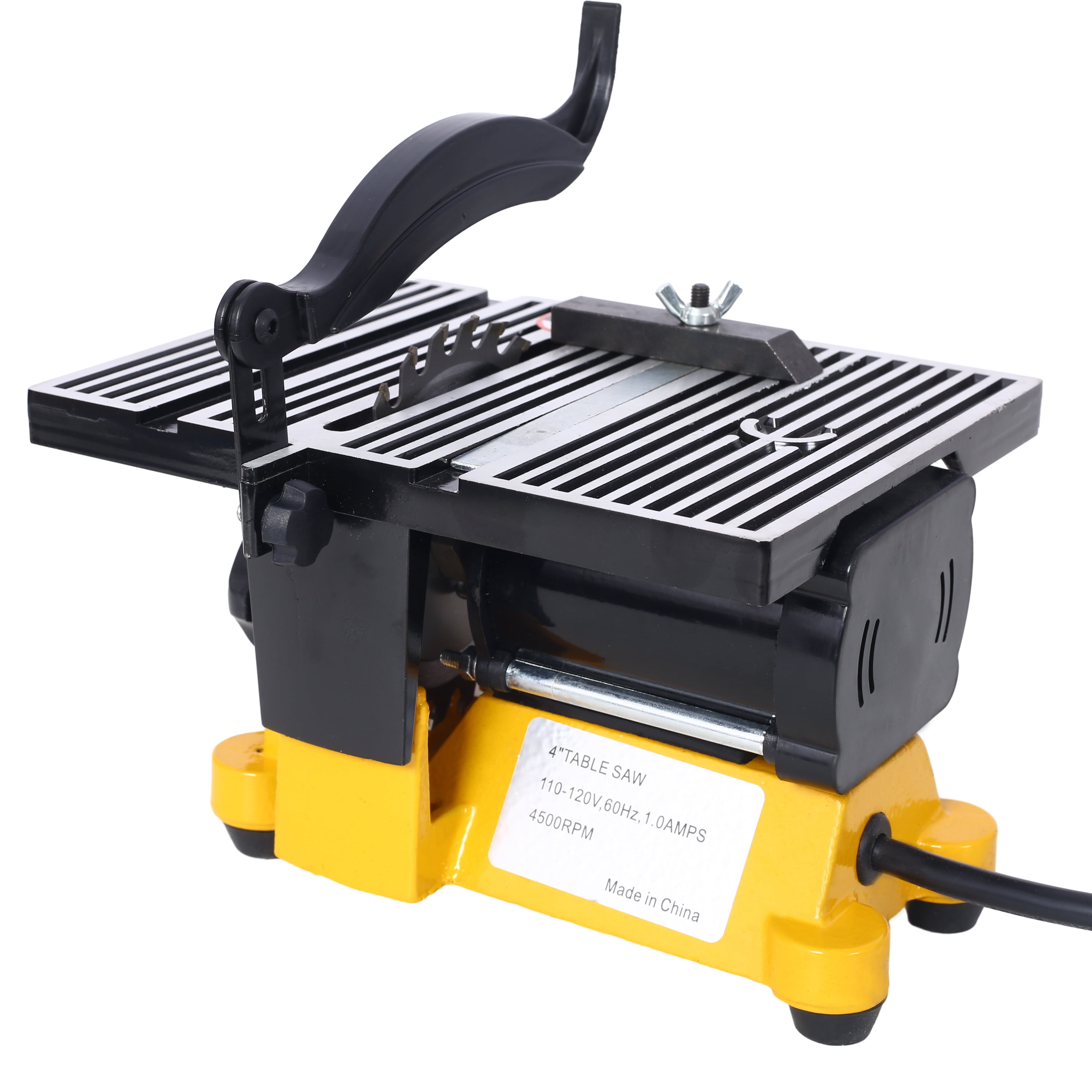 4 Inch Mini Table Saw 90W Multifunctional Desktop Cut Off Miter Saw 4500RPM 3Blades 5/8 Inch Max Depth Metal Wood Glass Stone Cutting DIY Hobbyist Model Maker Precision Compact Portable Steel Frame