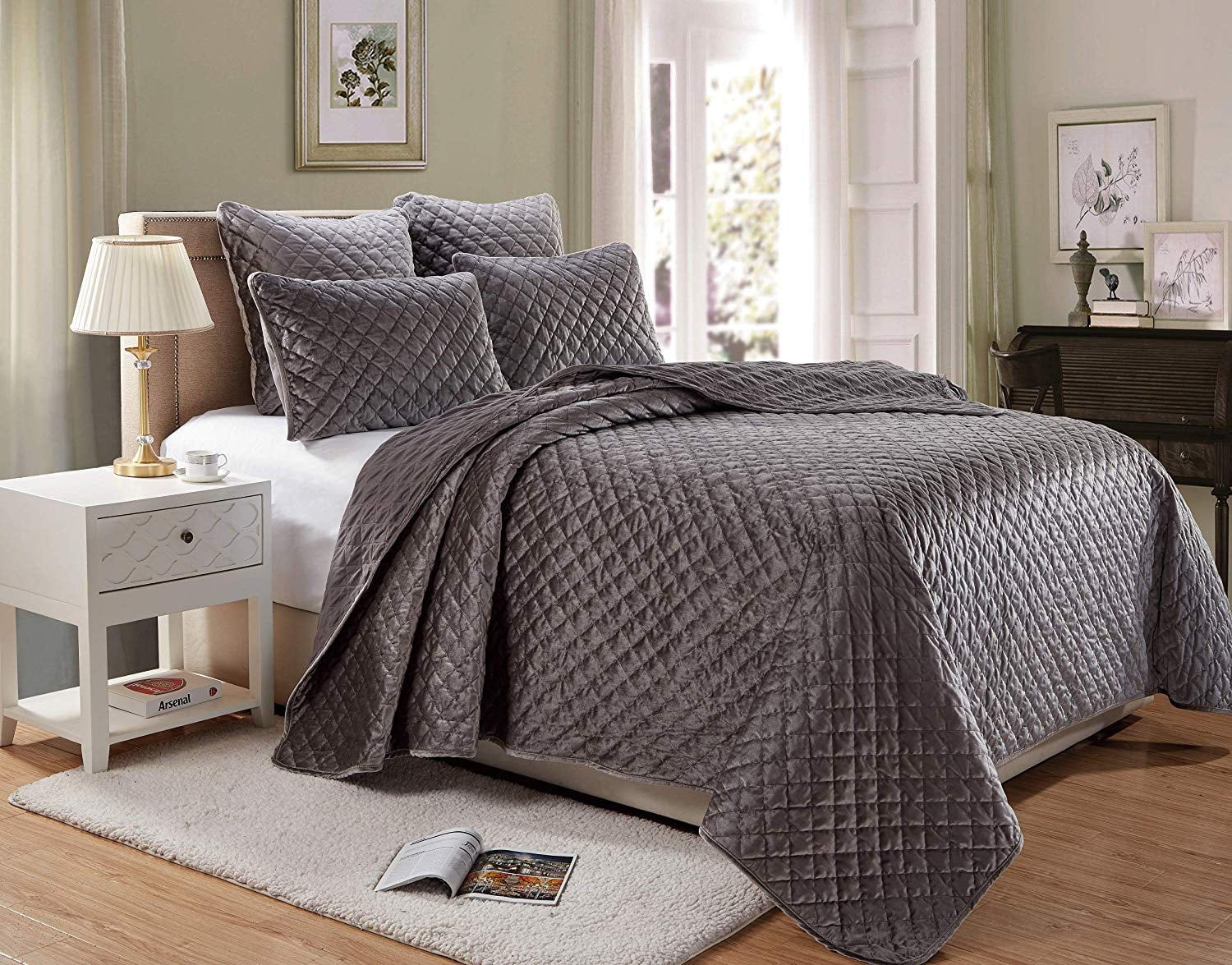 Luxury Nina 3 Piece Quilted Bedspread Dark Grey Double Bed Throw & Pillow Shams 