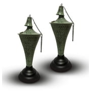 Legends Direct Set of 2, Oahu Premium Metal Tabletop Tiki Style Lantern Outdoor, Tall- Tiki Style /w Snuffer, Fiberglass Wick & Large 35oz Oil Lamp for Deck, Patio, Lawn (Hammered Patina)