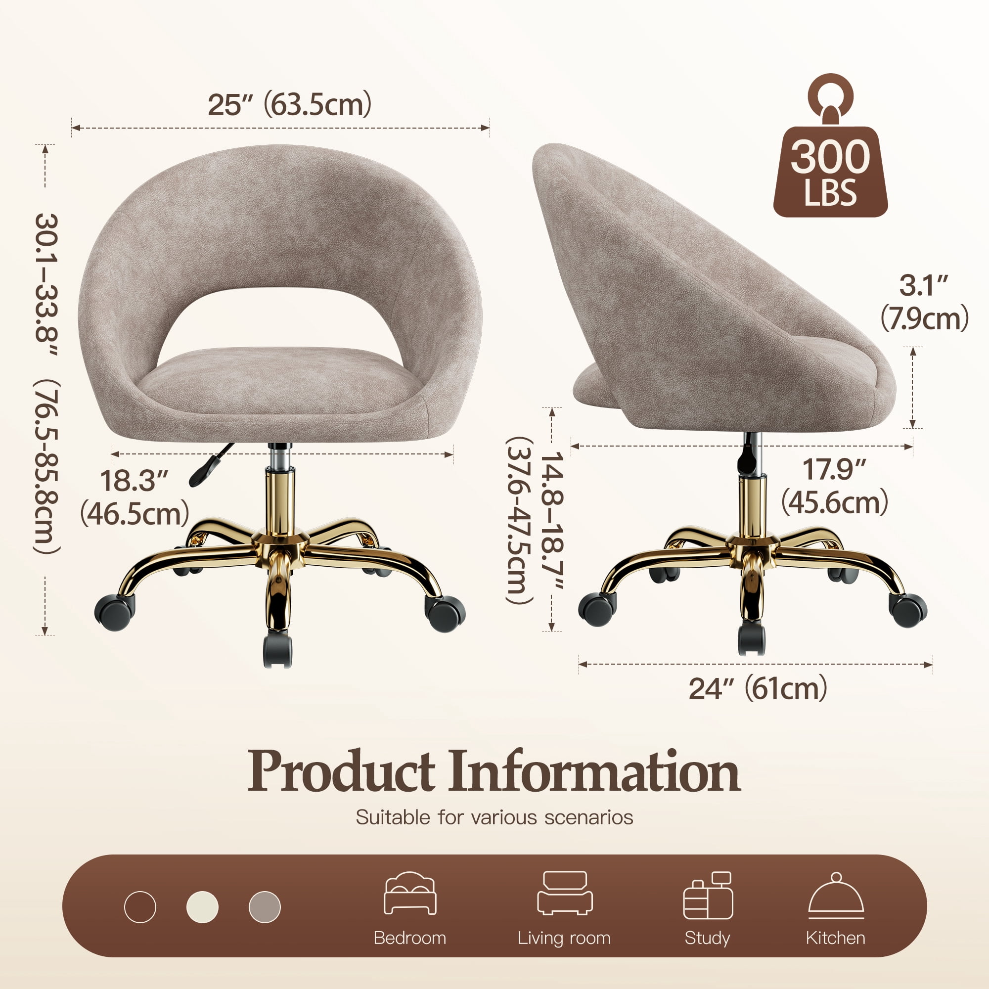 COOLHUT Home Office Desk Chairs, Adjustable Swivel Vanity Chair, Modern Makeup Vanity Chairs, Rolling Vanity Chair with Golden Base for Bedroom, Living Room, Computer Room, Khaki