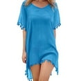 thumbnail image 2 of BKQCNKM Cover Up for Beach,swim Suits for Women 2024,women's Solid Round Neck Chiffon Tassel Large Loose Beach Cover Chiffon Plus Size Swimsuit for Women,swim Cover Up for Women Sky Blue One Size, 2 of 6
