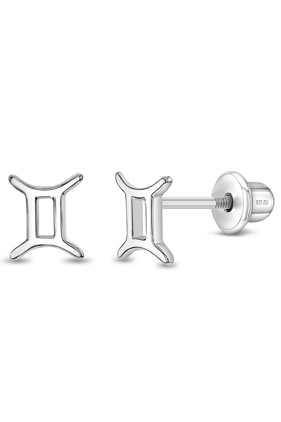 Polished Zodiac Gemini Kids / Children's Earrings Screw Back - Sterling Silver