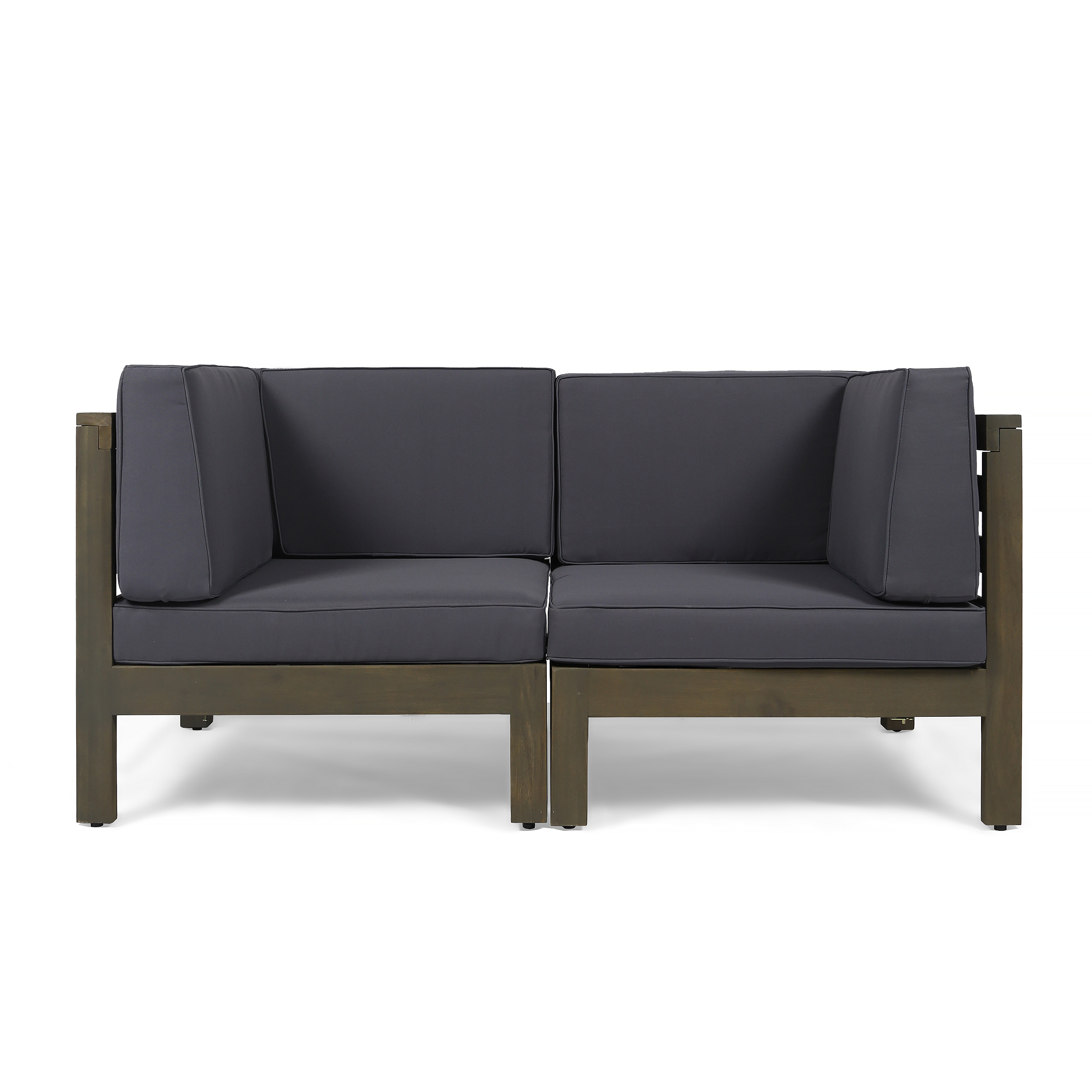 Luella Outdoor Modular Sectional Acacia Wood Loveseat with Cushions, Gray, Dark Gray