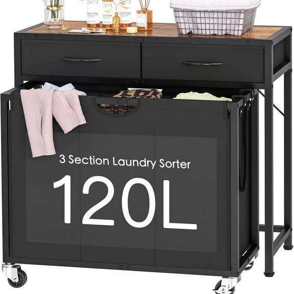 Laundry Sorter, Rolling Laundry Hamper with 3 Section Pull-Out Bags, Laundry Basket Organizer with 2 Drawers & 2-Tone Top Panel, Laundry Hamper with Wheels for Laundry Room Organization, Bathroom