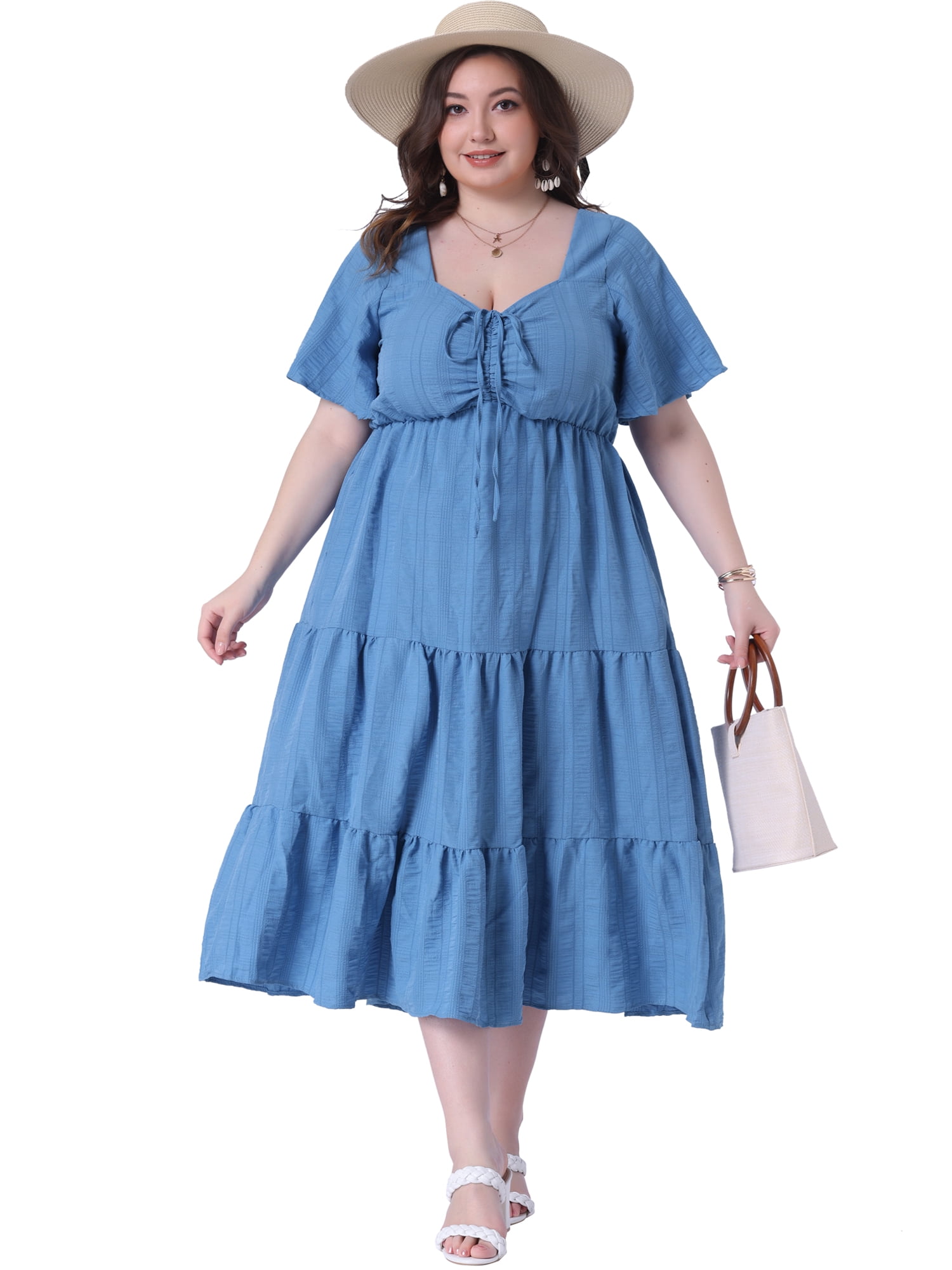 DARING DIVA Plus Size Sweetheart Neck Ruffle Flowy A Line Dress 2X Blue