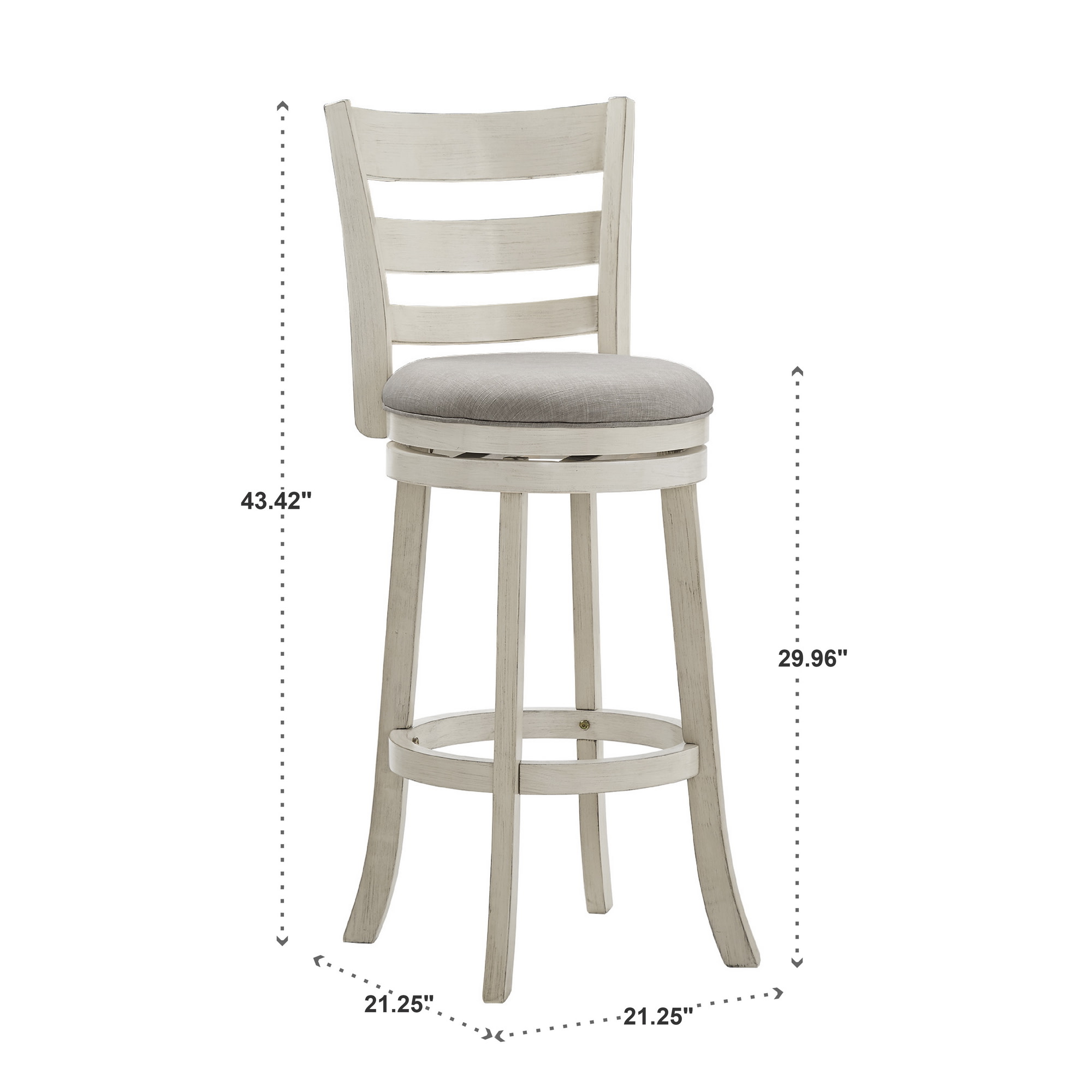 Weston Home Shapel Ladder Back 29"H Swivel Bar Stool, Antique White Finish, Grey Linen