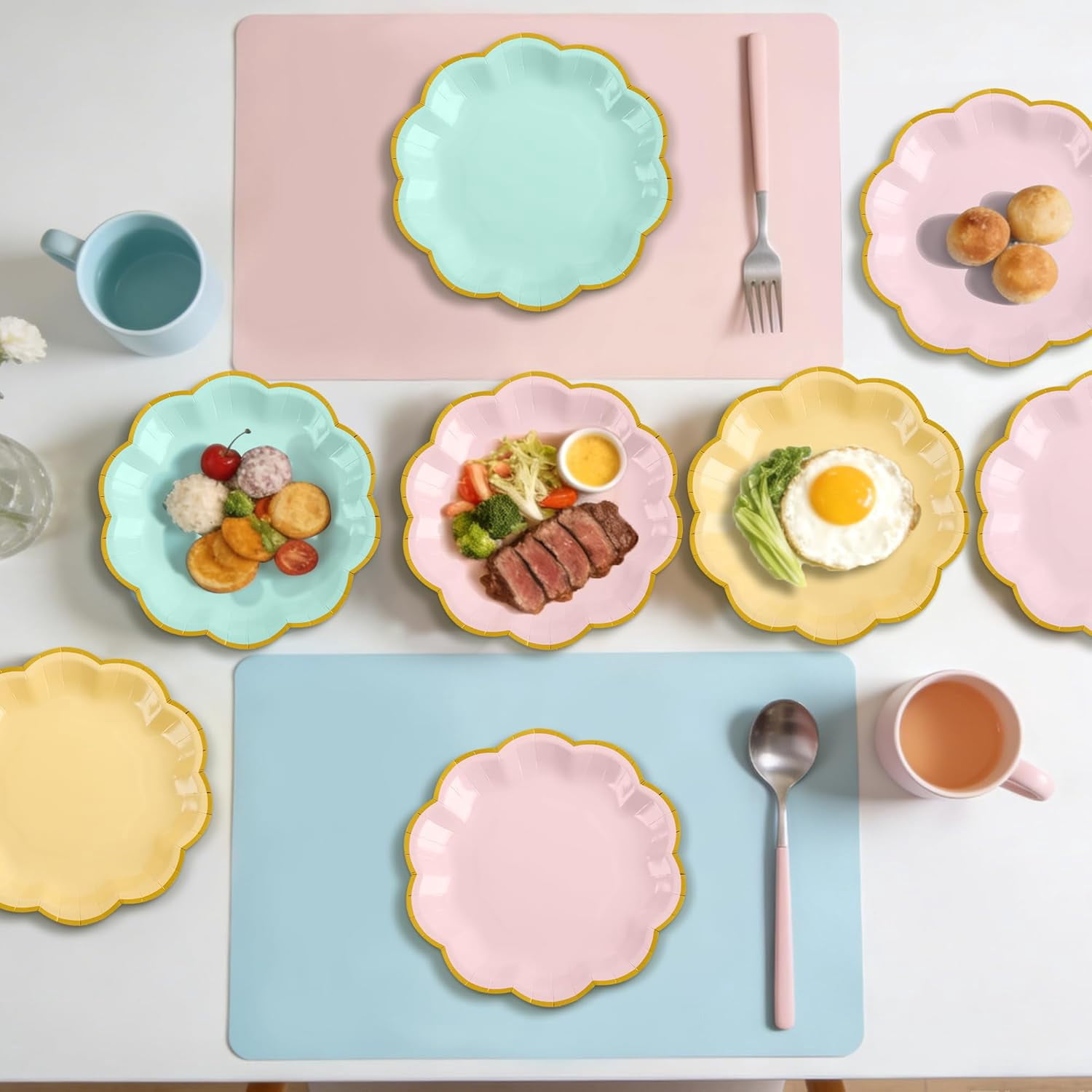 48 Pcs Pastel Scalloped Paper Plates 7 Inch Disposable Macaron Colorful Dessert Plates with Gold Edge Gradient Rainbow Party Supplies for Wedding Birthday Baby Shower Bridal Summer Decorations