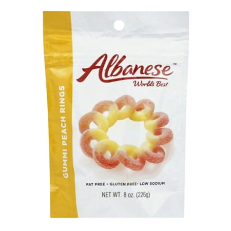 JSC Albanese Gummi Peach Rings 8 oz. Great Sharing Softer Chew Enjoy at Home Fat Free Gluten Free Low Sodium Bursting Flavor Treats USA Made Fresh Peach Flavors Gummy Candy Craving Satisfied Pack of 1
