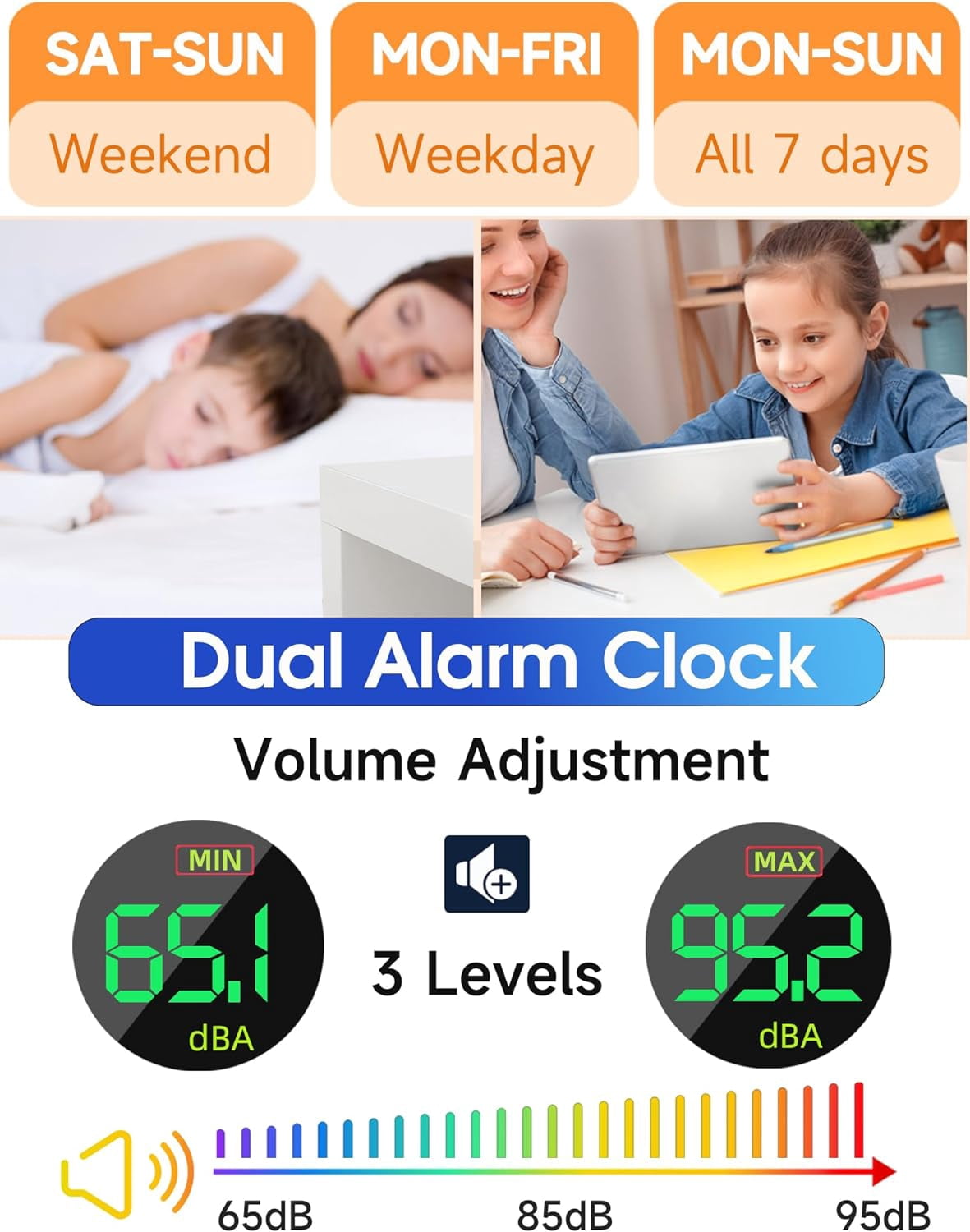 Extra Loud Alarm Clock for Heavy Sleepers Adults,Teens,Kids,Rainbow Clock for Bedrooms,Small Bedside Digital Clock with Large Display,7 Color Night Light,12/24h(Black+Dynamic)