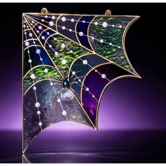 Stained Glass Style Spider Web Corner Wall Decor – Iridescent Acrylic Halloween Hanging Ornament with Crystal Spider & Gems