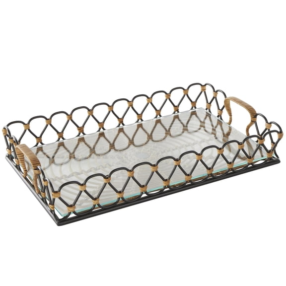 DecMode 20" x 12" Black Metal Circular Woven Tray with Glass Base, 1-Piece