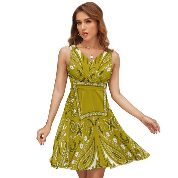 Paisley Bandana Pattern Yellow Dress Summer Street Style Dresses Female Sleeveless Printed Sundress