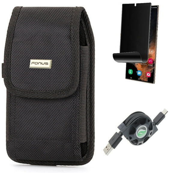 Privacy Screen Protector & Case Belt Clip & USB Cable for Samsung Galaxy S22 Ultra (6.8") - Combo TPU Film (Fingerprint) Anti-Peep & Rugged Holster Canvas & Retractable Type-C Charger