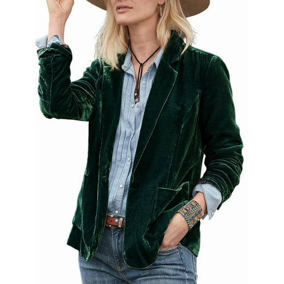 Women'S Velvet Blazer Jacket Casual Button Up Long Sleeve Cardigan Suits Business Coat with Pockets Dark Green S