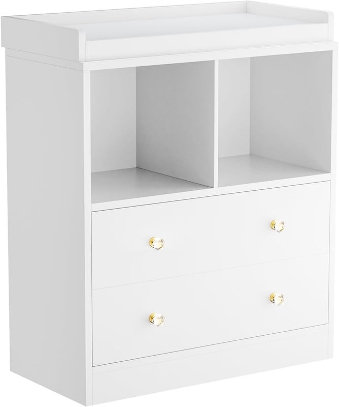 TROPOW Modern 2-Drawer Nursery Changing Table with Media Shelves, Black Baby Dresser with Crystal Knobs, Multi-Purpose Diaper Station Storage Organizer for Infant Room, Anti-Tip Safety Design