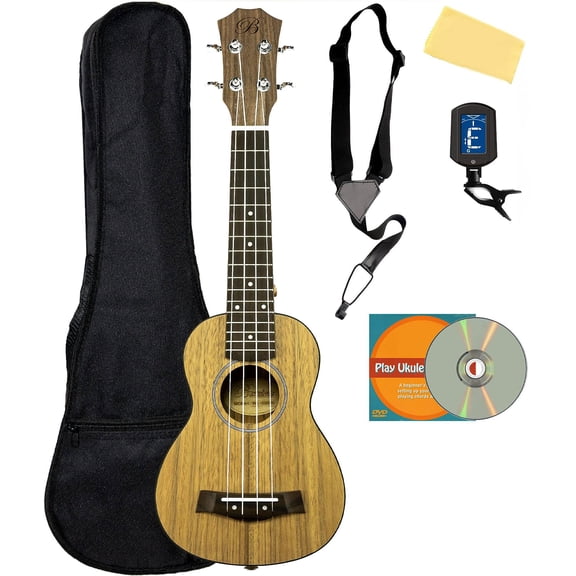Barcelona Walnut Soprano Ukulele Bundle with Gig Bag, Tuner, Strap, Austin Bazaar Instructional DVD, and Polishing Cloth