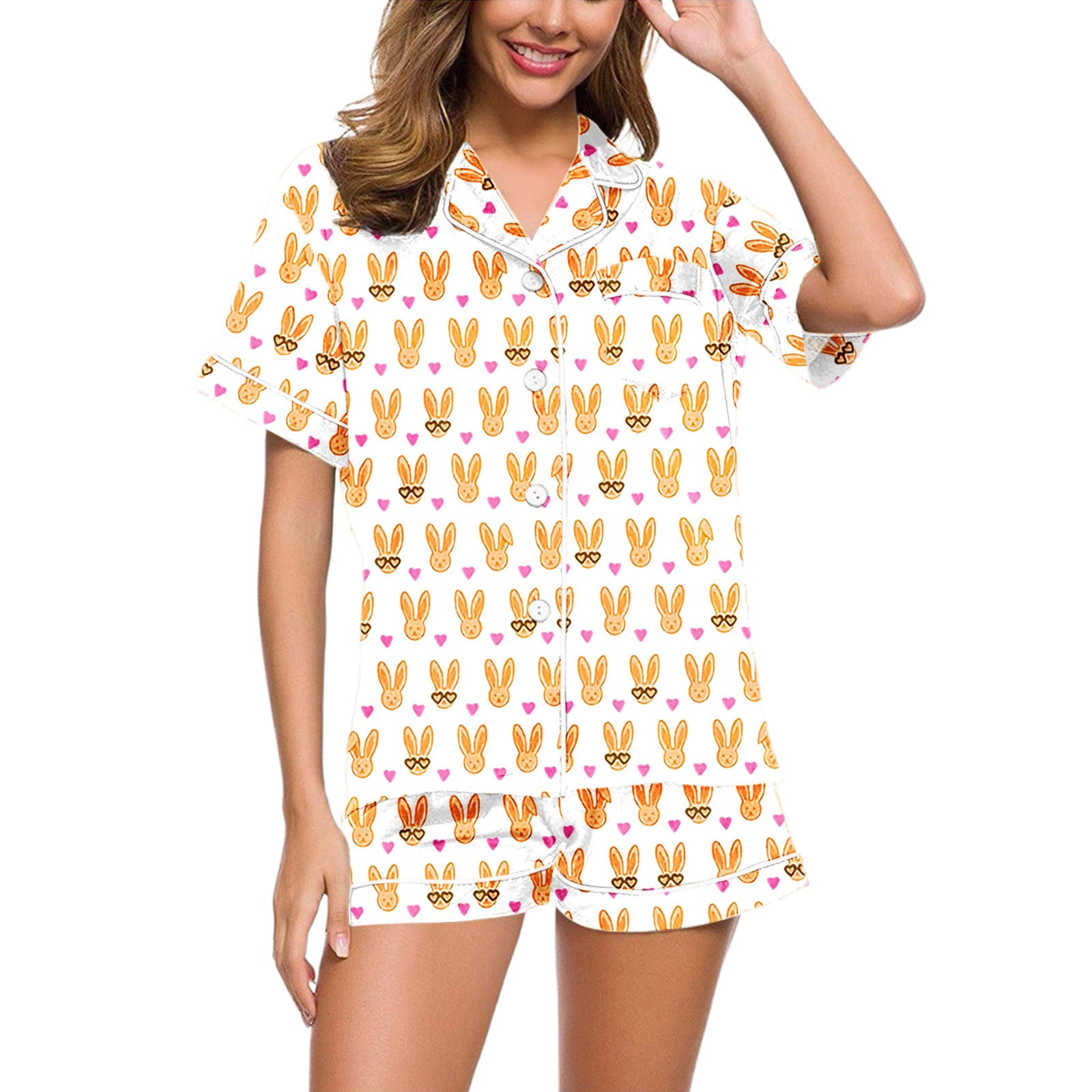Fvwitlyh Adult Onesie Pajamas 2 Piece Pj Sets Pajamas For Women Tiger Floral Graphic Print Short Sleeve Button Shirt And Shorts Pajama Set Yellow S