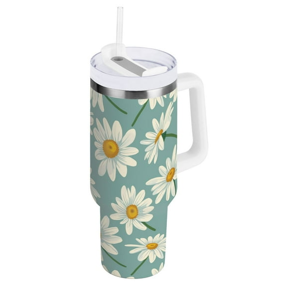 JSTEL Daisy Flower 40 oz Tumbler Stainless Steel Water Bottle Vacuum Insulated Cup with Straw Lid & Handle For Travel Car Cup Holder
