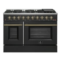 FORNO Galiano 48-inch Gas Range Black  Antique Brass Design, 8 Burners, 107,000 BTU, Griddle, 6.58 cu.ft. Double Ovens