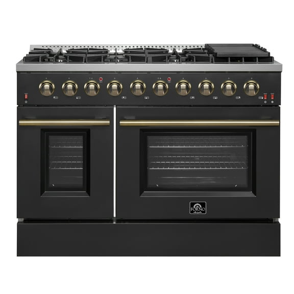 FORNO Galiano 48-inch Gas Range Black Antique Brass Design, 8 Burners, 107,000 BTU, Griddle, 6.58 cu.ft. Double Ovens