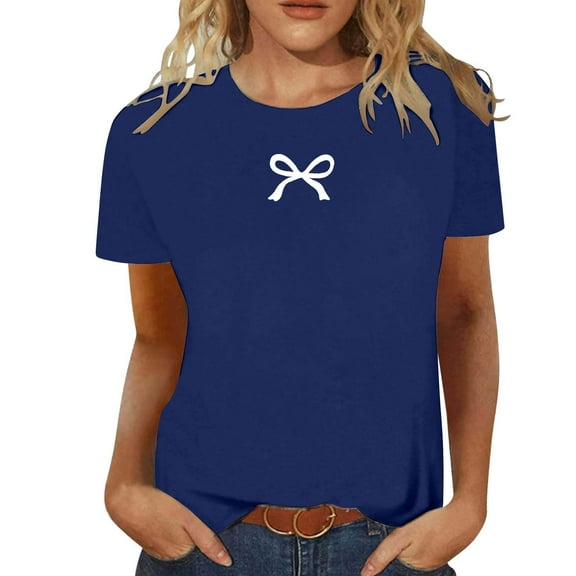 SHITINN Women's Fashion Casual Round Neck Bow Print Short Sleeve T Shirt Top Womens Summer Tops Short Sleeve Tee Shirts Womens Summer Shirts for Women