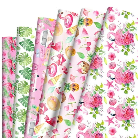 Pineraap 12 Sheets PresNok Flamingo Wrapping Paper, Hawaiian Gift Paper Tropical Decorative Art Paper for Birthday Summer Party Wedding Bridal Shower Baby Shower, 19.7 x 27.6 Inch, Pink, Green