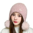 thumbnail image 2 of Women Winter Cover Ears Beanie Hat Plush Keep Warm Fluffy Ear Protection Ear Ski Snow Hats Knit Fleece Lined with 3 Pom Pom, 2 of 7