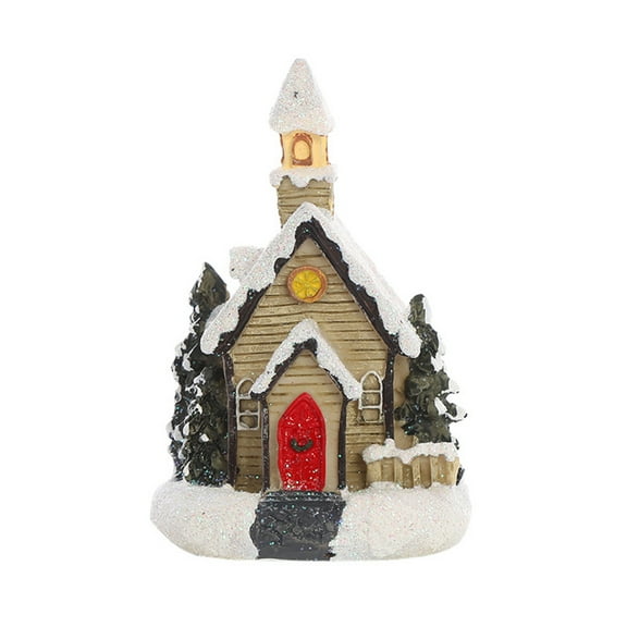 Christmas LED Lighted Snow House Resin Village Scene Luminous Church Figurine