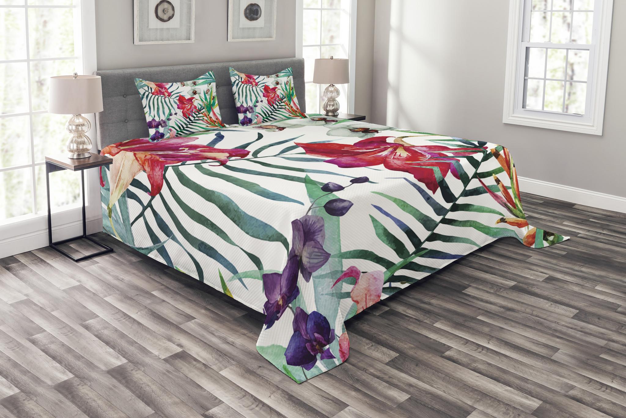Watercolor Flower Bedspread Set King Size, Tropical Wild Orchid Flowers