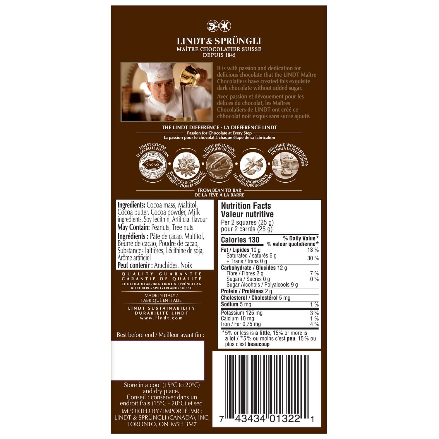 Lindt No Sugar Added Dark Chocolate Bar, 100 Grams, 100g No Sugar Added Chocolate Bar