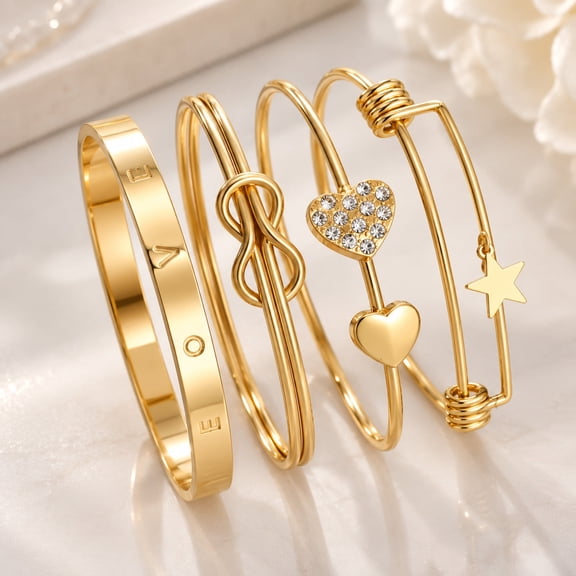 Women’s Gold Tone Heart Star Infinity Bracelet Set, 4-Piece Stackable Jewelry