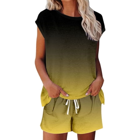 Shirt And Shorts Set Women Everyday Wear Stylish Short Sleeve Gradient Tshirt Active Drawstring Shorts Sporty Suit Summer Outfits For Women White XL