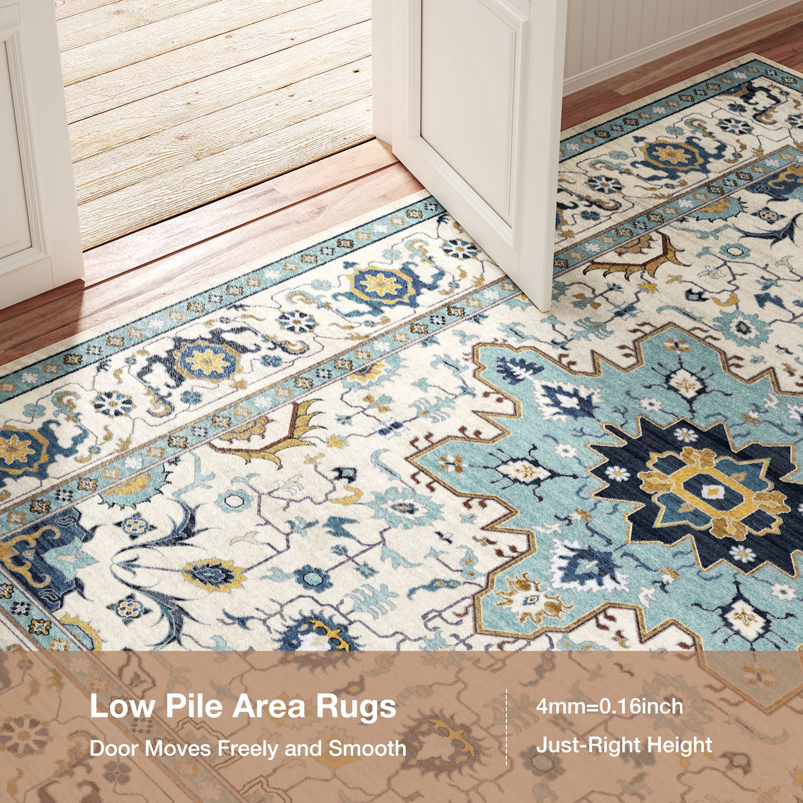 Washable Area Rug for Living Room, NovDeco 5'x7' Non-Slip Vintage Persian Light Blue Indoor Rug, Low Pile Stain Resistant Carpet for Bedroom Nursery