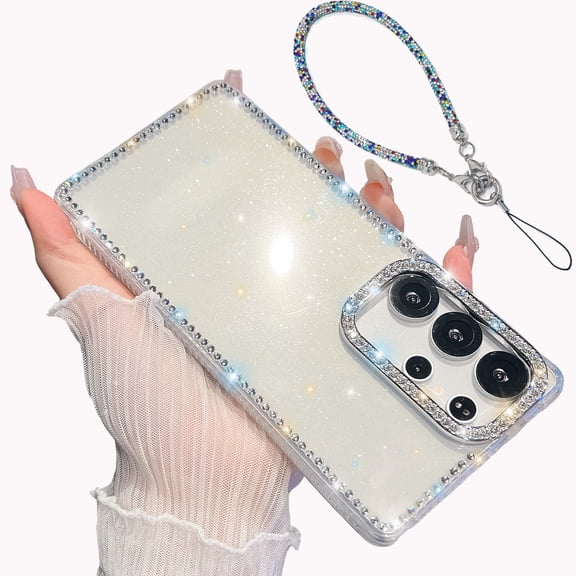 Glitter Phone Case for Samsung Galaxy A17 5G, with Colorful Bling Hand Strap Lanyard & Diamond Embossd Luxury Cover for Women, Clear