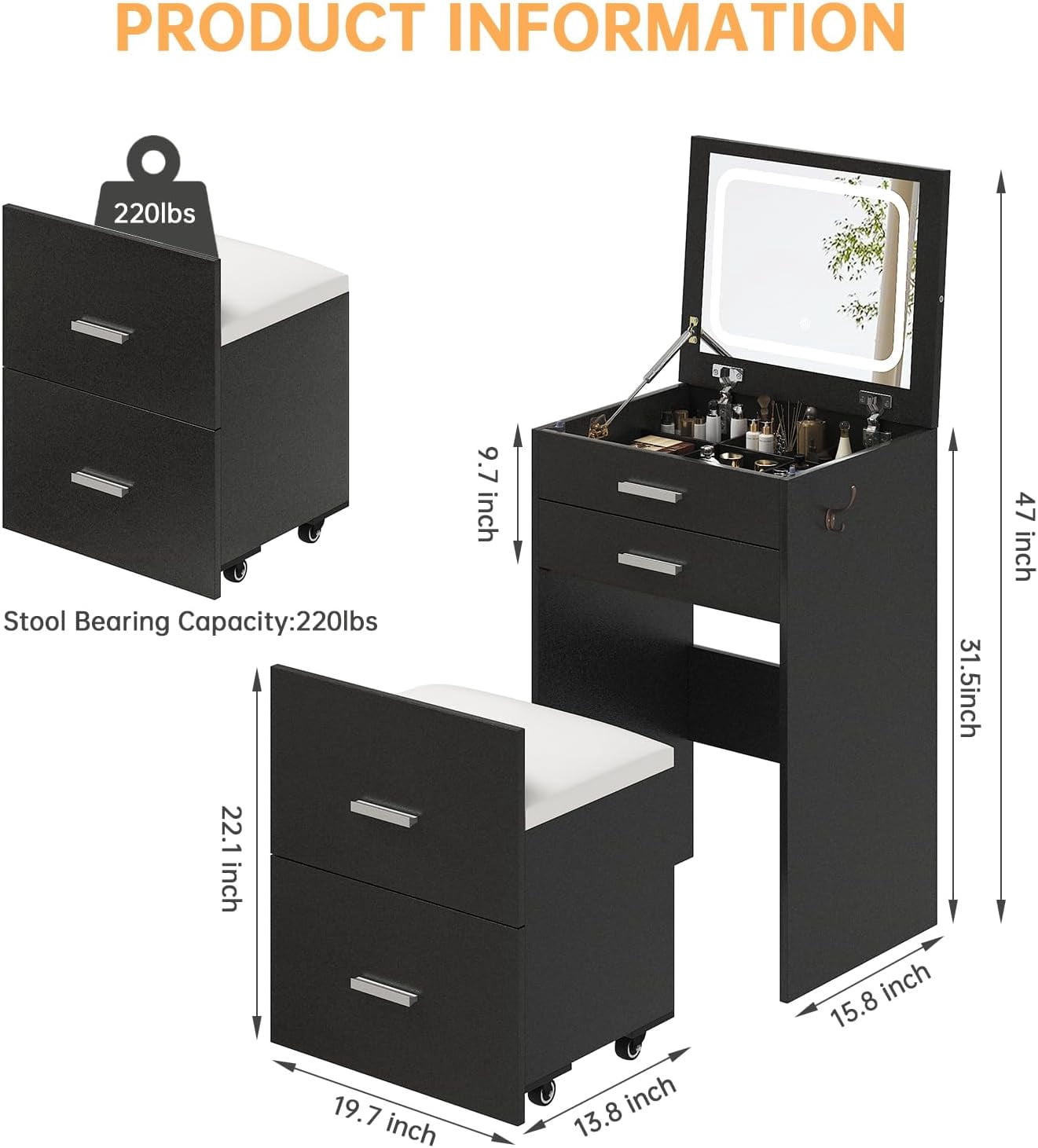 SELOOYE 3 in 1 Vanity Desk, Compact Vanity with 3 Drawers, Makeup Desk with Flip-up 3 Colors Lighting Mirror and Cushioned Stool, Small Vanities Nightstand Perfect for Bedroom, Black