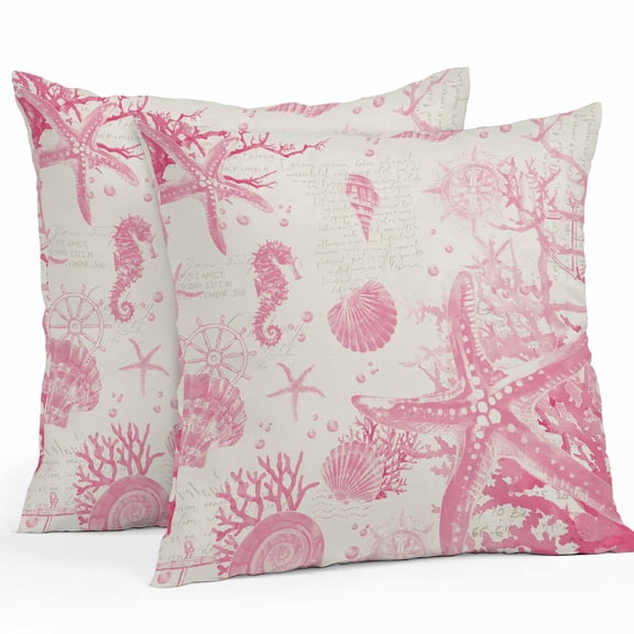 Outdoor Waterproof Pillow Covers Pack of 2, Vintage Starfish Coral Seahorse Shell Ocean Pink Decorative Throw Pillowcases Cushion Covers for Garden Patio Tent Sofa Couch, 18x18 inch