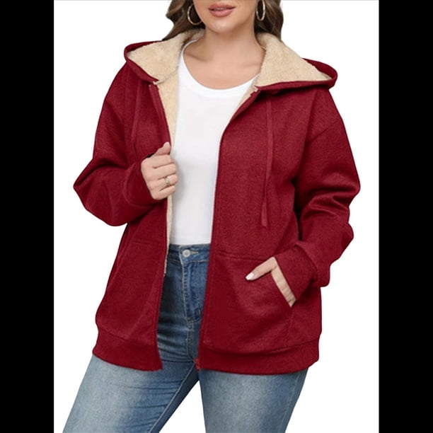 Sudadera con Capucha de Invierno de Larga con Cremallera para Mujer, Informal, Cálida y Acogedora, con Forro , para Otoño. Vino Tinto XXL