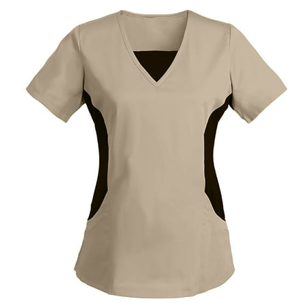 

Baocc scrub tops Women Short Sleeve V-neck Tops Work Uniform Solid Patchwork Color Pocket Blouse nursing tops Neckline