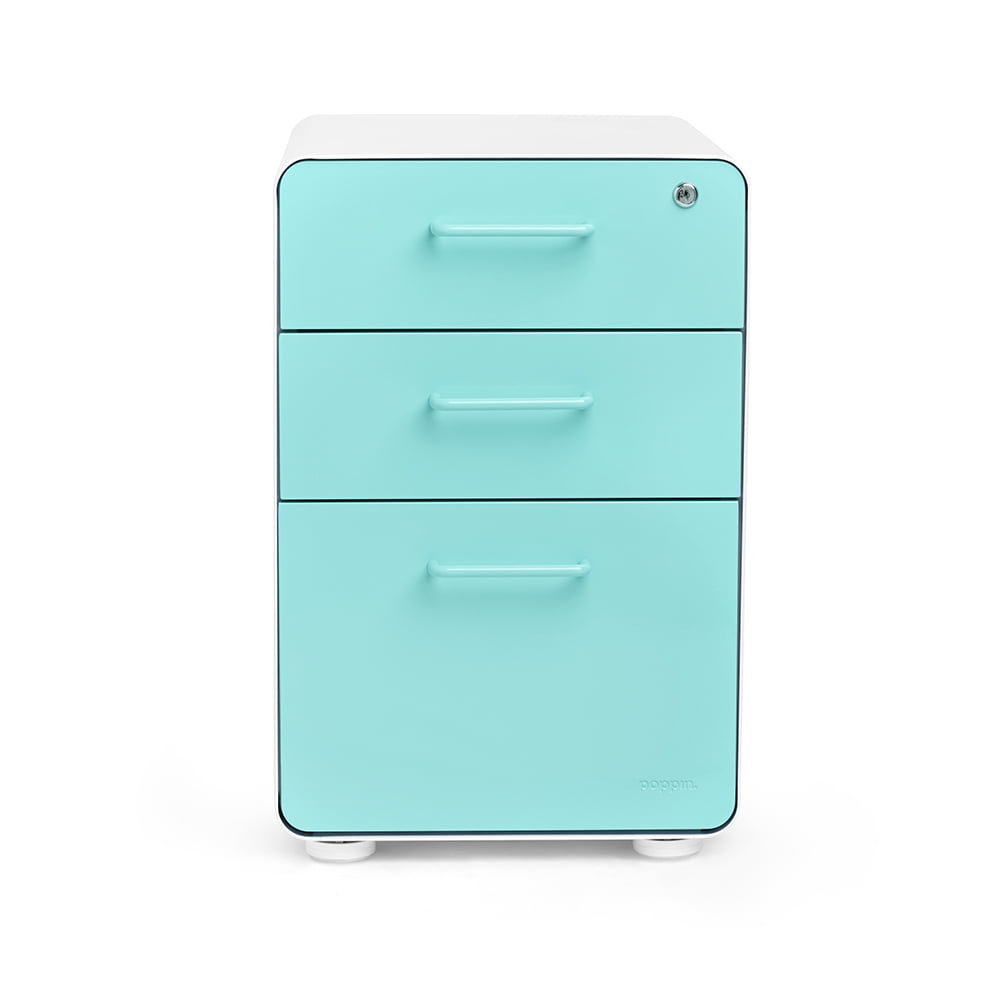 Poppin White + Aqua Stow 3-Drawer Vertical File Cabinet With Lock