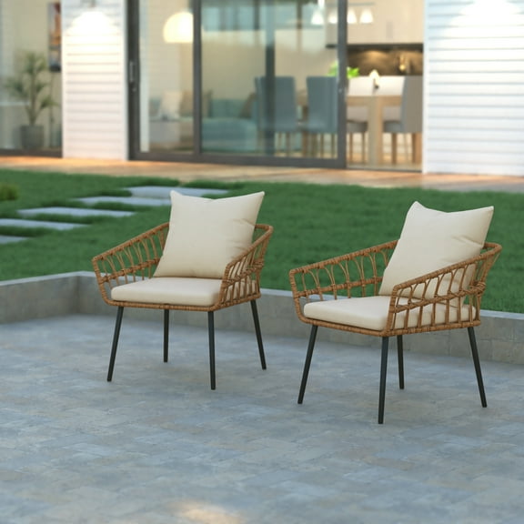 EMMA OLIVER Set of Two Indoor/Outdoor Bohemian Natural Rattan Rope Patio Chairs