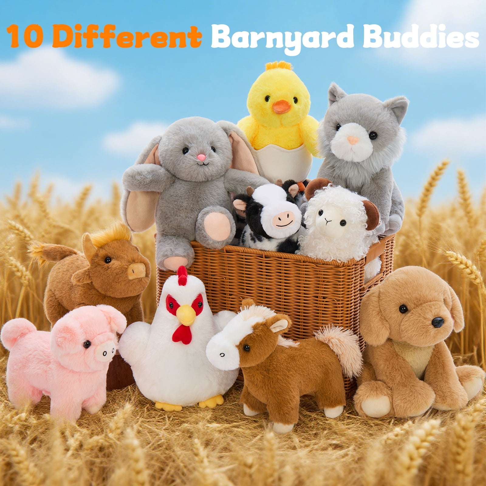 MorisMos 10 Pack Farm Animal Plush Set Bulk Stuffed Farm Collection with Horse, Cow, Dog, Cat & More Playset Toys